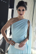 Hellblaues One-Shoulder-Ballkleid aus Chiffon mit Falten und transparentem Illusion-Rücken PG977