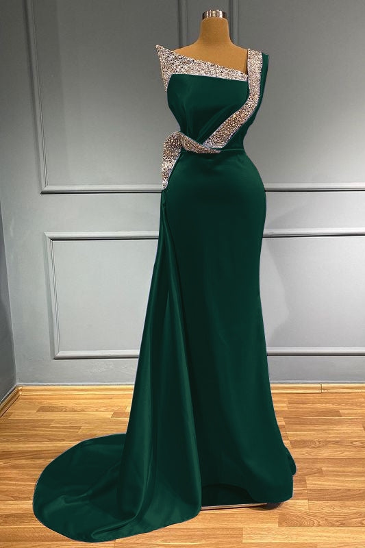 Long One Shoulder Sleeveless Ruffles Mermaid Prom Dress with Beads