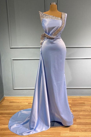 Long One Shoulder Sleeveless Ruffles Mermaid Prom Dress with Beads