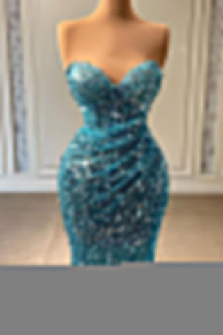 Light Blue Prom Dress with Sweetheart Strapless Neckline Sleeveless Design and Sequin Embellishments