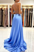 Long A-line V-neck Spaghetti Strap Satin Open Back Prom Dress with Split