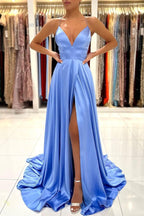 Long A-line V-neck Spaghetti Strap Satin Open Back Prom Dress with Split
