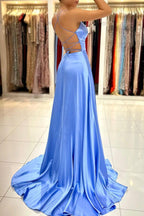 Long A-line V-neck Spaghetti Strap Satin Open Back Prom Dress with Split