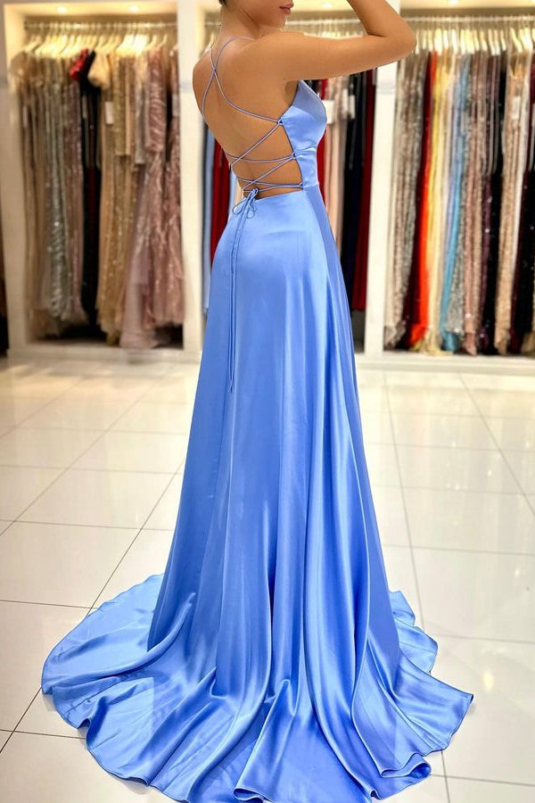 Long A-line V-neck Spaghetti Strap Satin Open Back Prom Dress with Split