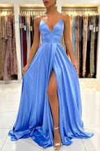 Long A-line V-neck Spaghetti Strap Satin Open Back Prom Dress with Split