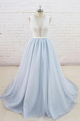 Light Blue Tulle Sheer Back Sweep Train Formal Prom Dress PSK134