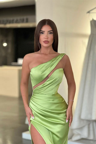 Sage Mermaid One Shoulder Sleeveless Satin Long Evening Dress with Slit
