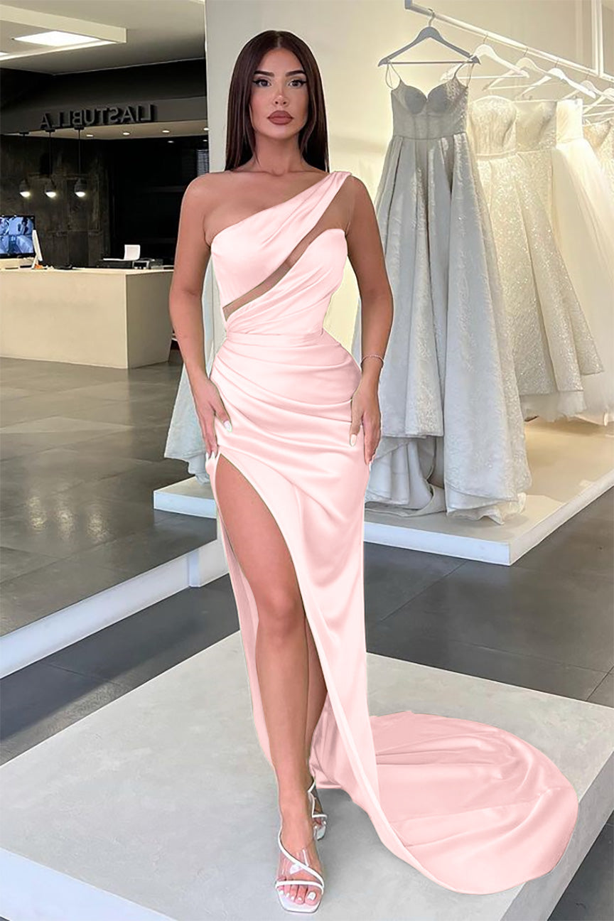 Sage Mermaid One Shoulder Sleeveless Satin Long Evening Dress with Slit