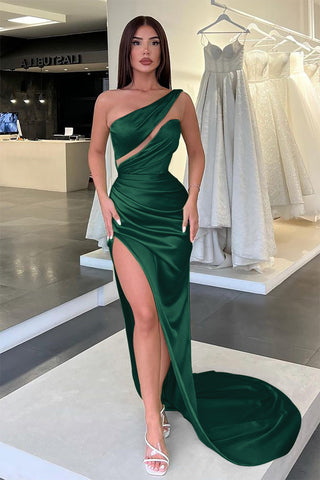 Sage Mermaid One Shoulder Sleeveless Satin Long Evening Dress with Slit