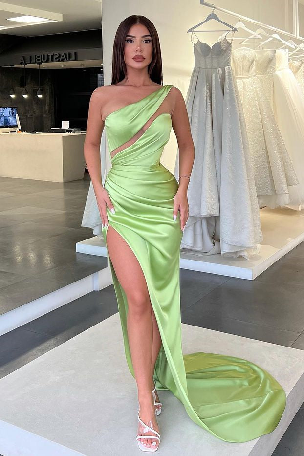 Sage Mermaid One Shoulder Sleeveless Satin Long Evening Dress with Slit