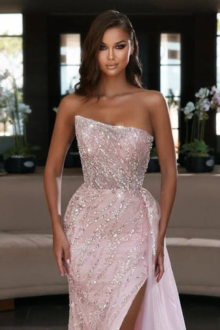 Long Strapless Sequins Mermaid Formal Prom Dress with Split