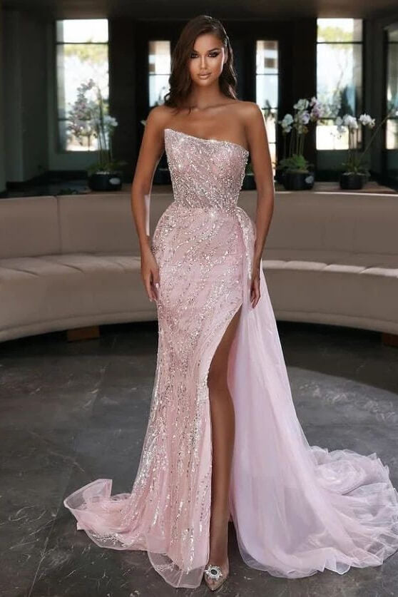 Vestido de baile formal comprido com racha e lantejoulas, estilo sereia, sem alças