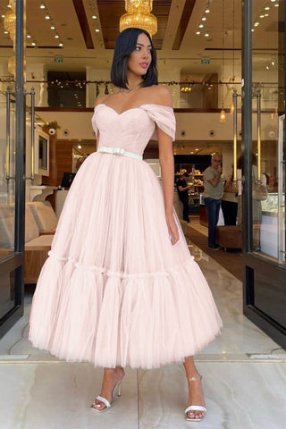 Dark Green Short Sweetheart Off-The-Shoulder Tulle Evening Dress with Belts