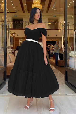 Dark Green Short Sweetheart Off-The-Shoulder Tulle Evening Dress with Belts