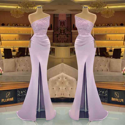Dark Green Sleeveless Strapless Sequins Mermaid Prom Dress Long with Slit