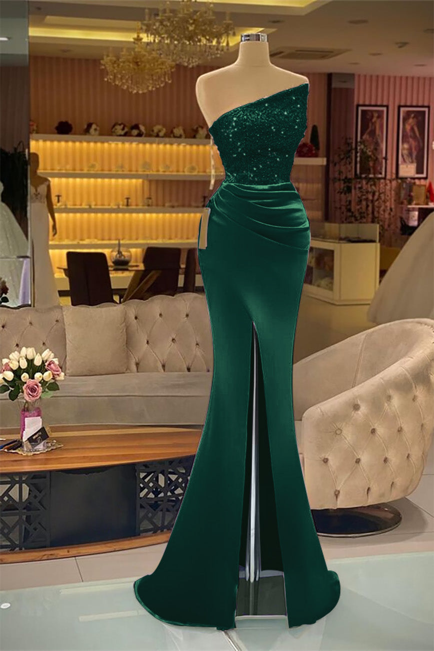 Dark Green Sleeveless Strapless Sequins Mermaid Prom Dress Long with Slit