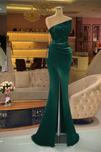 Dark Green Sleeveless Strapless Sequins Mermaid Prom Dress Long with Slit