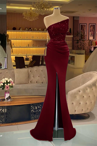 Dark Green Sleeveless Strapless Sequins Mermaid Prom Dress Long with Slit