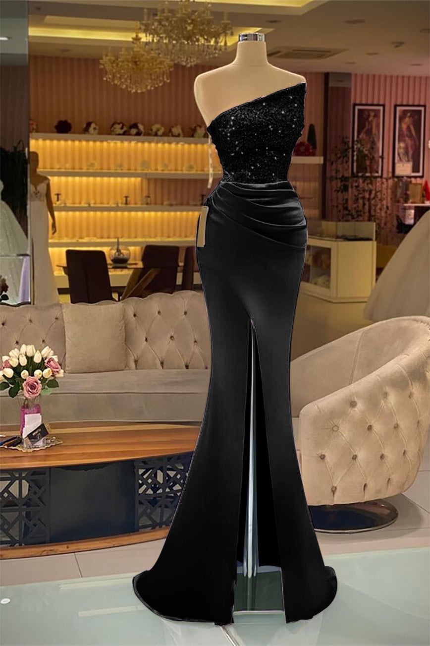 Dark Green Sleeveless Strapless Sequins Mermaid Prom Dress Long with Slit