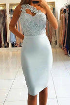 Hellhimmelblaues, kurzes, knielanges One-Shoulder-Heimkehrkleid PD276