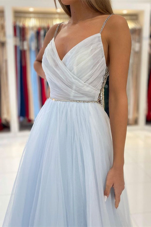 Sky Blue A-line Spaghetti Straps Tulle Long Open Back Prom Dress with Beads