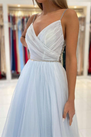 Sky Blue A-line Spaghetti Straps Tulle Long Open Back Prom Dress with Beads