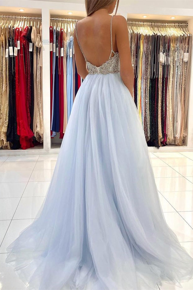 Sky Blue A-line Spaghetti Straps Tulle Long Open Back Prom Dress with Beads