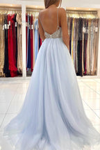 Sky Blue A-line Spaghetti Straps Tulle Long Open Back Prom Dress with Beads