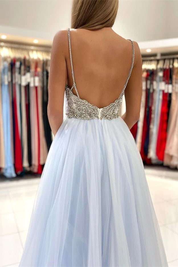 Sky Blue A-line Spaghetti Straps Tulle Long Open Back Prom Dress with Beads