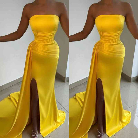 Yellow Long Mermaid Strapless Sleeveless Satin Prom Dress with Split