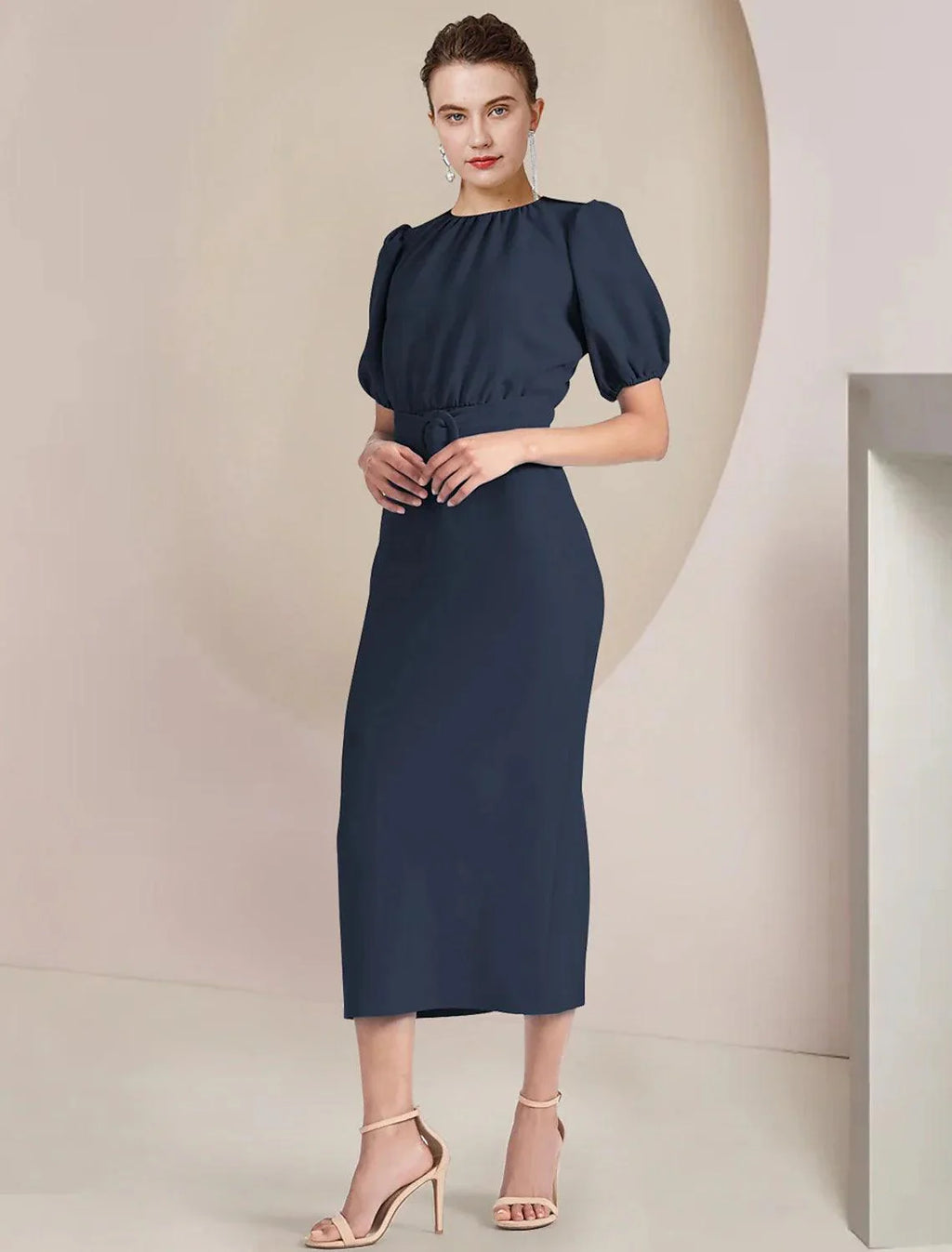 Vestido tubinho/coluna para mãe da noiva, convidado formal de casamento, elegante, decote redondo, comprimento chá, chiffon elástico, manga curta com faixa/fita