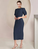 Vestido tubinho/coluna para mãe da noiva, convidado formal de casamento, elegante, decote redondo, comprimento chá, chiffon elástico, manga curta com faixa/fita