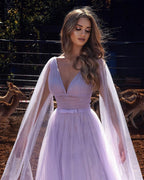 Lilac A-line Long V-Neck Long Sleeves Prom Dresses with Glitter
