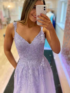 Lilac Long A Line V Neck Lace Tulle Beaded Prom Dresses