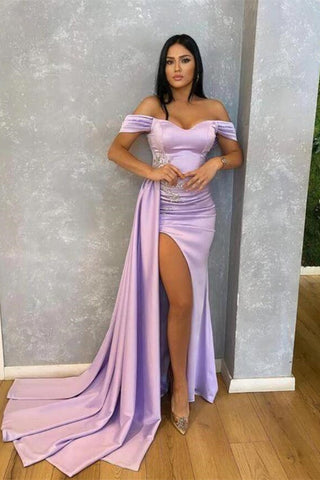 Long Off The Shoulder Beads Ruffle Mermaid Evening Dress with Split
