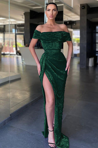 Long Off-The-Shoulder Split Mermaid Prom Dress with Sequins