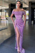Vestido de Fiesta Largo de Sirena con Abertura y Caído al Hombro con Lentejuelas