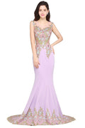 Abito da sera sirena sexy color lilla con strascico e applicazioni