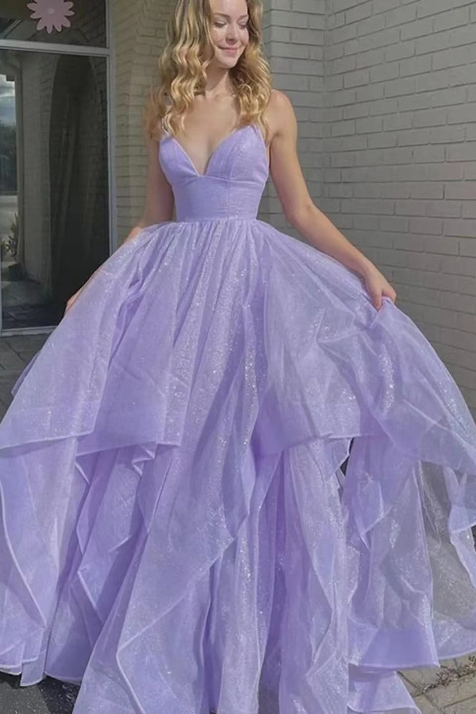 Spaghetti Strap V-Neck A-Line Tulle Long Formal Prom Dress
