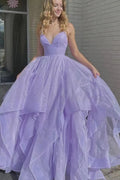 Vestido Largo de Gala de Tul con Tirantes Finos, Escote en V y Corte en A