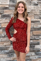 Vestido Corto de Fiesta con Purpurina Morada, Manga Única y Corte