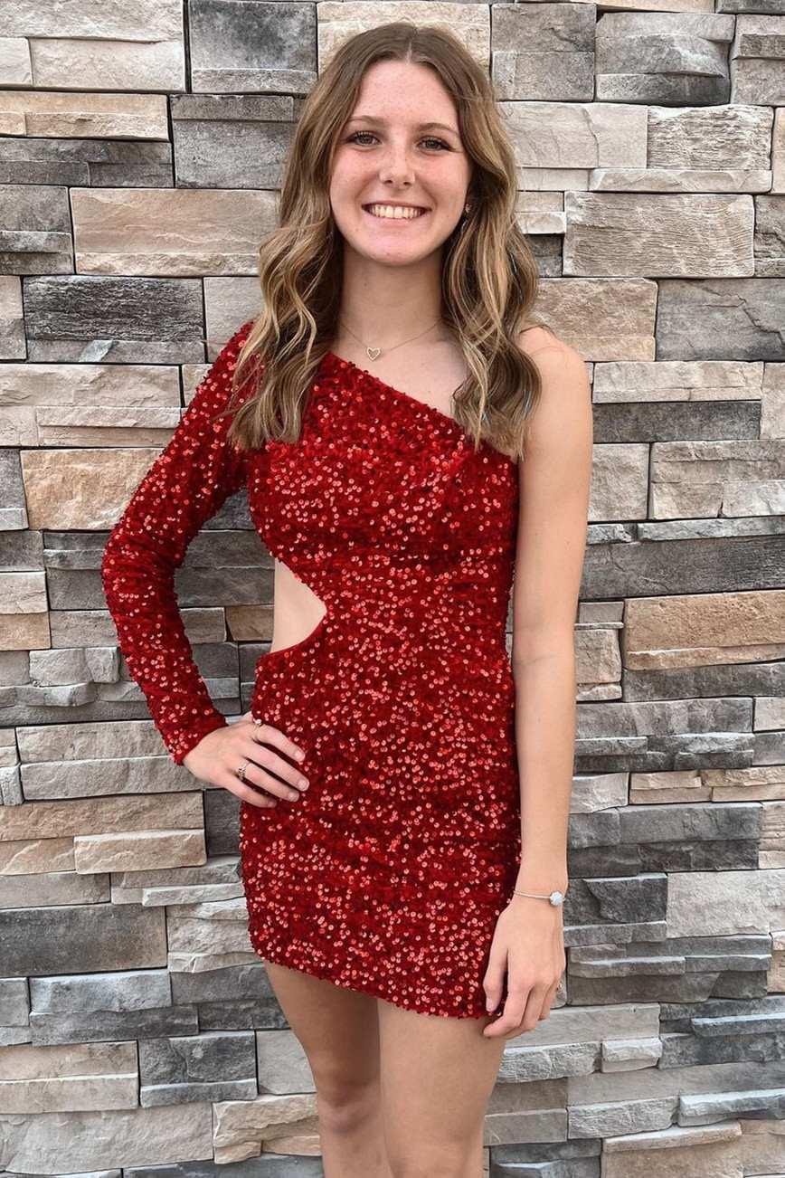 Lila Pailletten-Einarmiges Ausschnitt-Kurzballkleid für den Homecoming