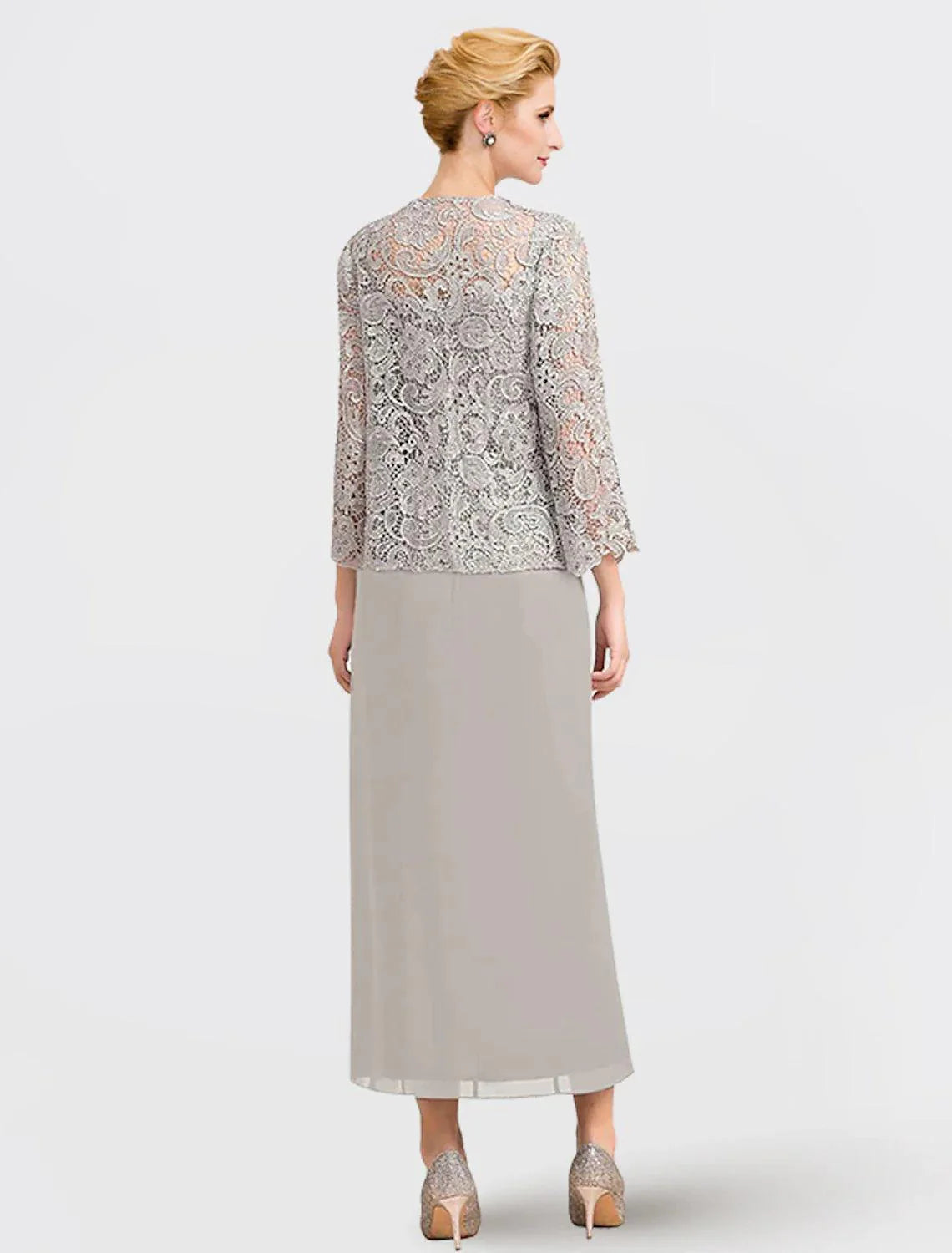 Vestido de mãe da noiva de duas peças, formal, para convidada de casamento, elegante, decote quadrado, comprimento até ao tornozelo, chiffon, renda, sem mangas, com aplicações incluídas