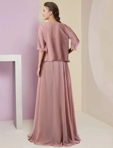 Zweiteiliges A-Linien-Kleid für die Mutter der Braut, formeller Hochzeitsgast, eleganter V-Ausschnitt, Schleppe/Pinselschleppe, Chiffon-Spitze, 3/4-Ärmel, Wickelkleid inklusive, mit Faltenapplikationen
