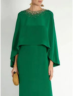 Vestido de mãe da noiva com bainha/coluna, festa formal, elegante, decote em joia, comprimento até ao tornozelo, chiffon elástico, manga comprida com lantejoulas, frente aberta