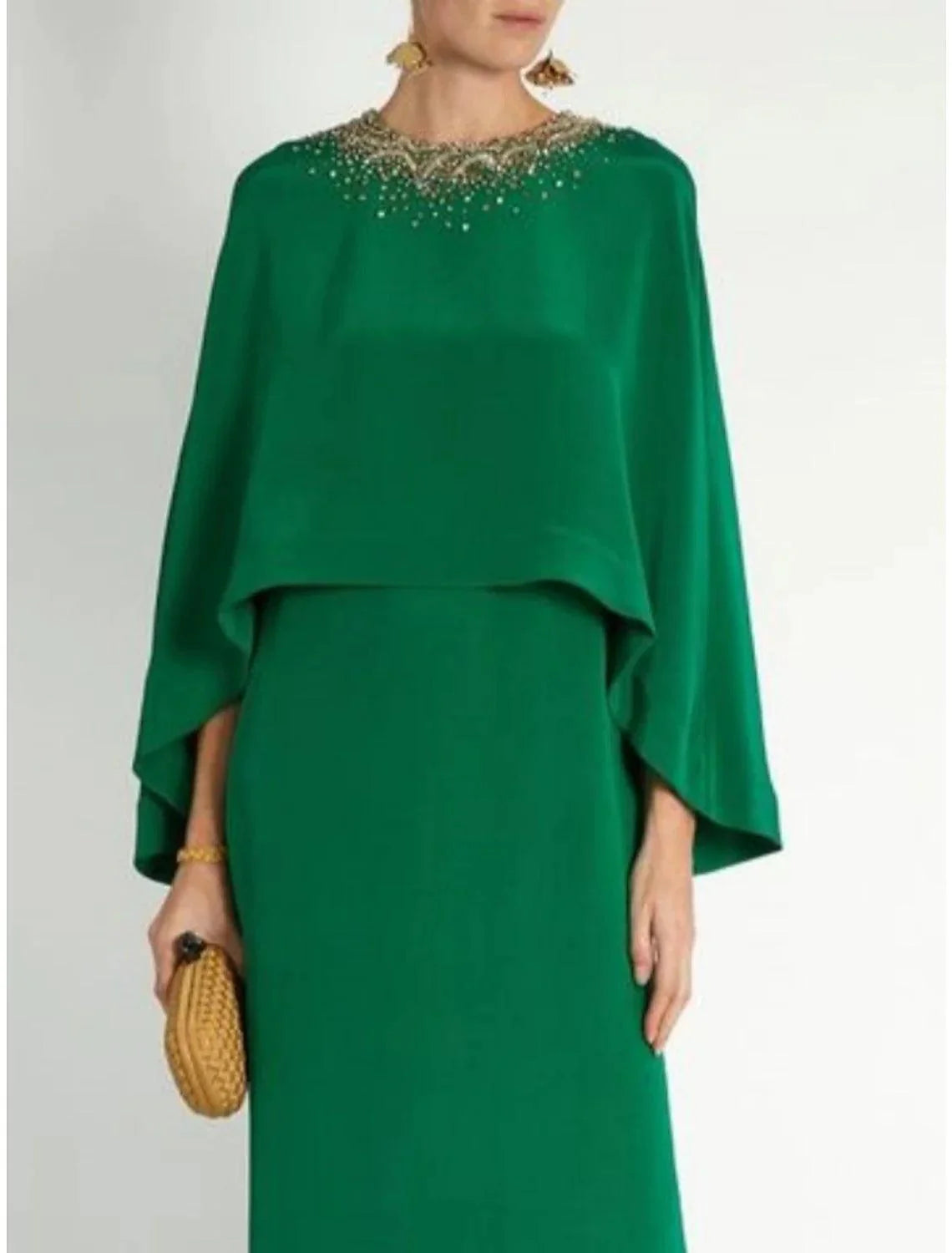 Vestido de mãe da noiva com bainha/coluna, festa formal, elegante, decote em joia, comprimento até ao tornozelo, chiffon elástico, manga comprida com lantejoulas, frente aberta