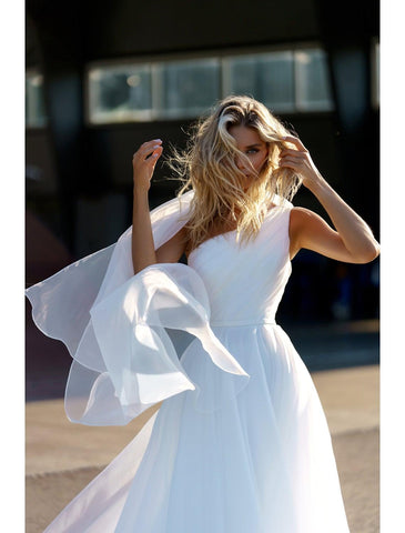Formelle Brautkleider Kapelle Schleppe Prinzessin Ärmellos Ein Schulter Organza Mit Rüschen Volltonfarbe