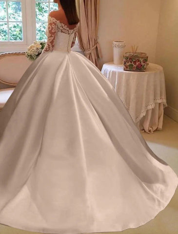 Verlobungs- und formelle Herbst-Brautkleider Ballkleid, schulterfrei, langärmlig, Kapellenschleppe, Satin-Brautkleider mit Applikationen, einfarbig
