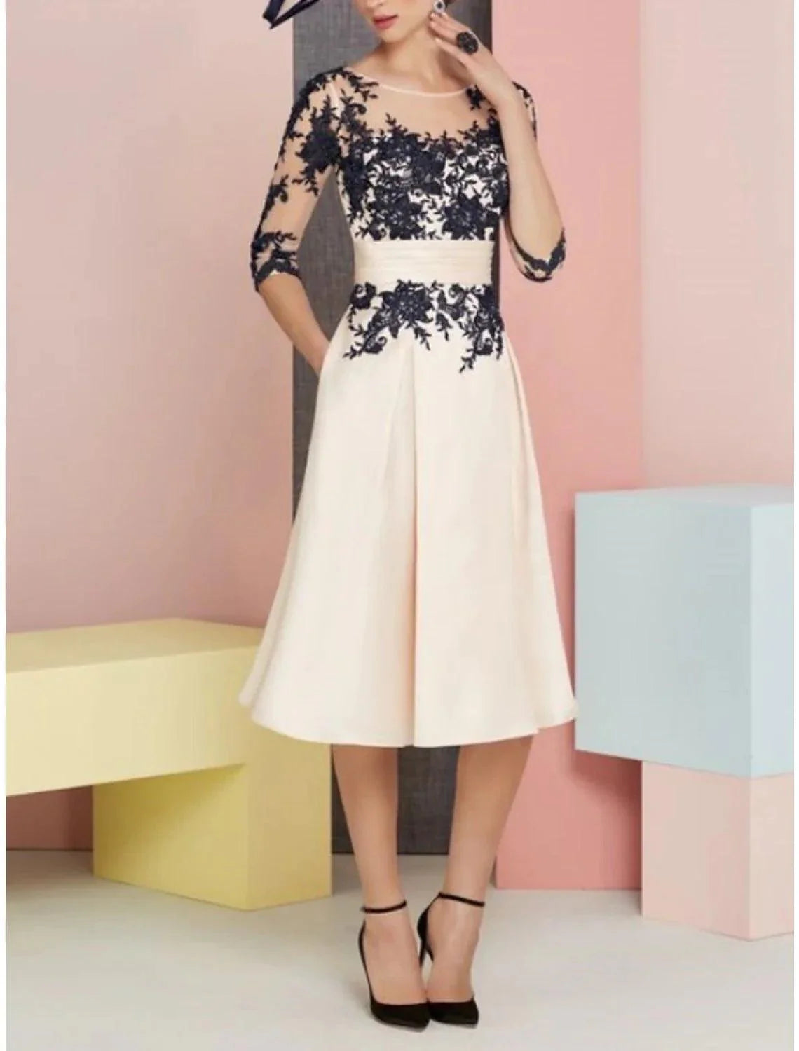 Vestido de mãe da noiva de duas peças, convidada de casamento, igreja, vintage, elegante, decote redondo, comprimento até ao joelho, cetim, renda, meia manga com pregas