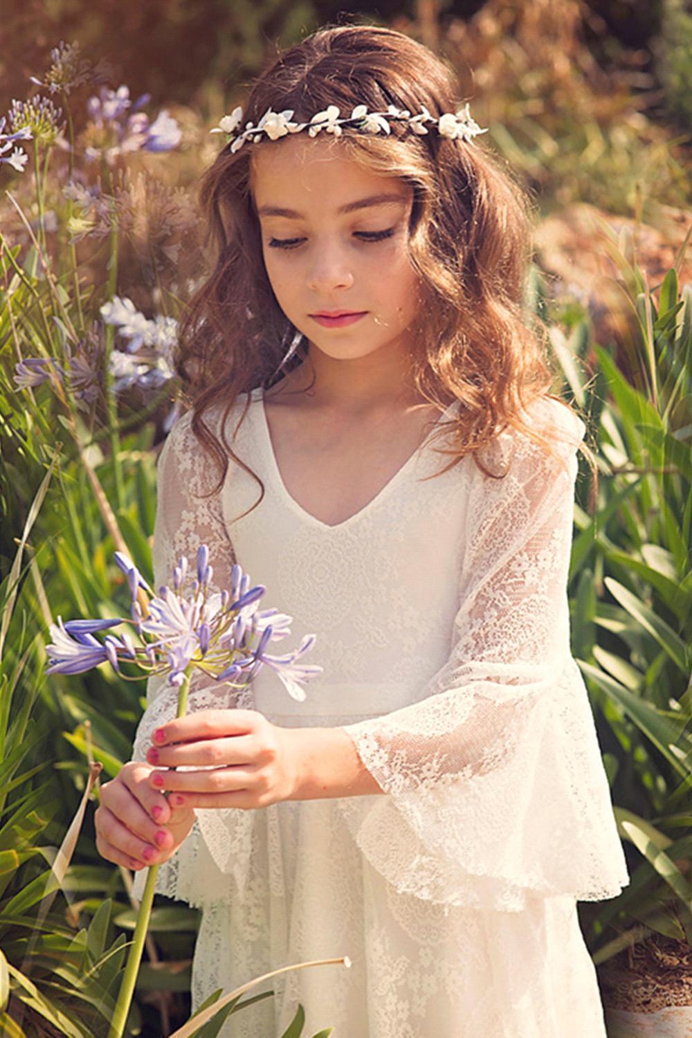Long A-line Appliques Lace V-neck Flower Girl Dress with Sleeves